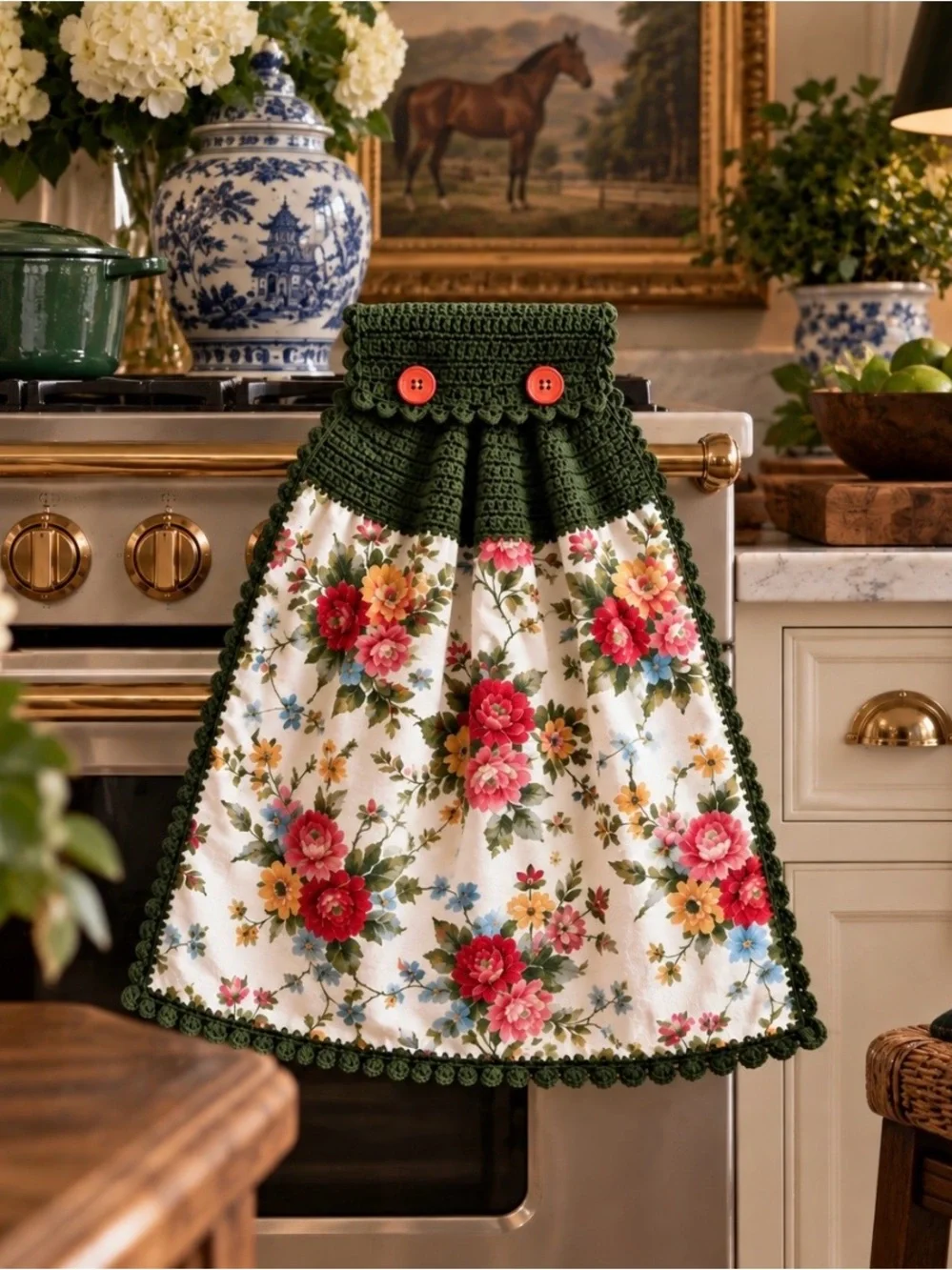 Pioneer Woman Floral Crochet Hanging Kitchen Towel Moss Green Handmade